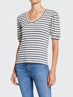 Veronica Beard Fleta Striped Puff Sleeve Scoop Neck Tee in Navy and White Size M